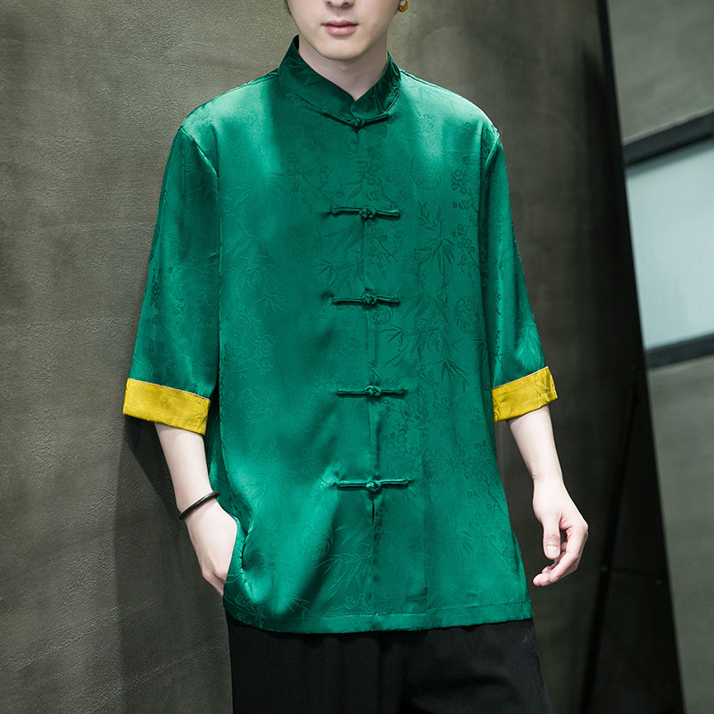 风男装冰丝唐装汉服盘扣中式短五分袖衬衫衬衣C229/Y981/P70,男装衬衫,电商C229-1