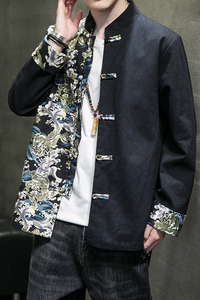 2024秋冬风男装大码棉麻花布撞色唐装汉服外套C229/Y635/P80图片