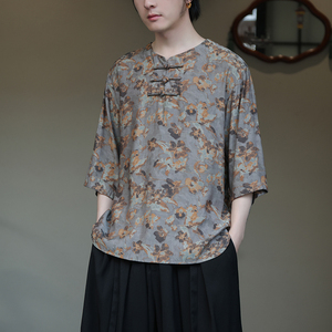 2024夏季风男装冰丝印花唐装汉服短袖五分袖T恤C229-T214-P60图片