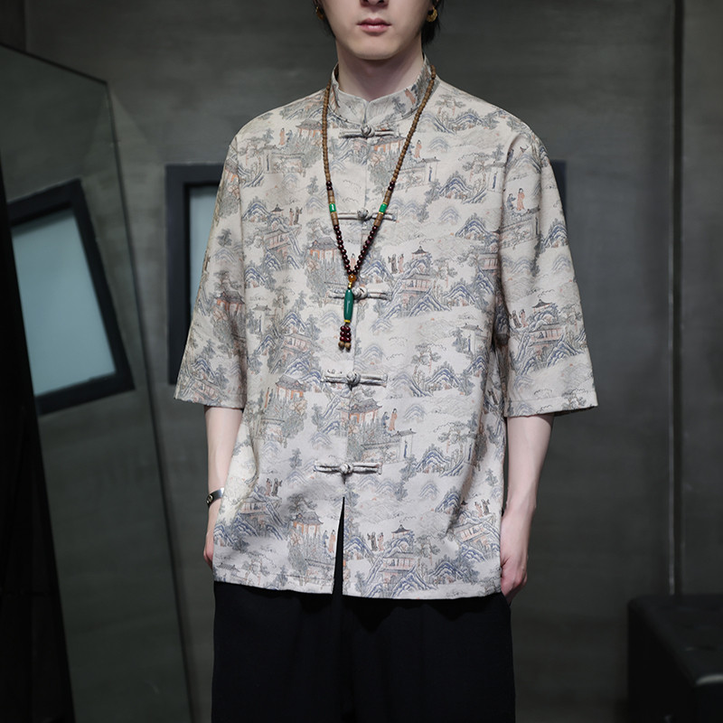 2024夏风男装印花唐装汉服短袖五分袖衬衫衬衣C229-Y1023-P68,男装衬衫,电商C229-1