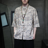 2024夏风男装印花唐装汉服短袖五分袖衬衫衬衣C229-Y1023-P68，男装衬衫，电商C229-1