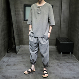 2024夏款风男装棉麻亚麻格子套装两件套大码C229/TZ339/P85，男装休闲套装，电商C229-1