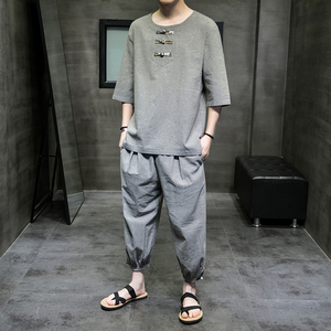 2024夏款风男装棉麻亚麻格子套装两件套大码C229/TZ339/P85图片