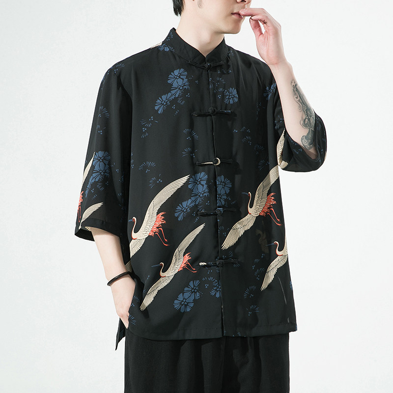 2024夏风男装仙鹤唐装汉服盘扣短袖五分袖衬衫C229/Y976/P70,男装衬衫,电商C229-1