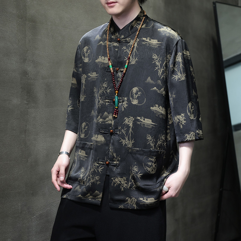 2024夏风男装冰丝唐装汉服短袖五分袖衬衫衬衣C229-Y1021-P70,男装衬衫,电商C229-1