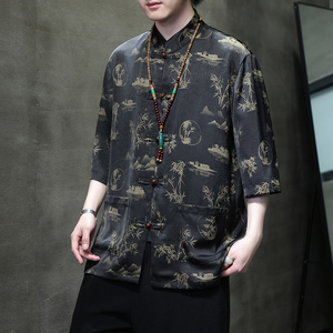 2024夏风男装冰丝唐装汉服短袖五分袖衬衫衬衣C229-Y1021-P70图片