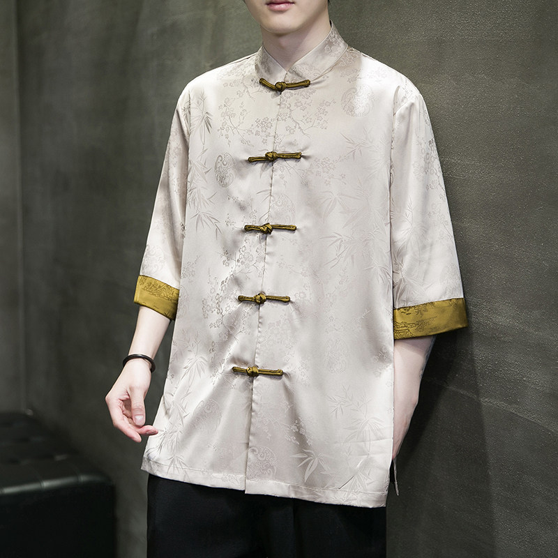 2024夏季风男装冰丝唐装汉服短袖五分袖衬衫C229/Y971/P70,男装衬衫,电商C229-1