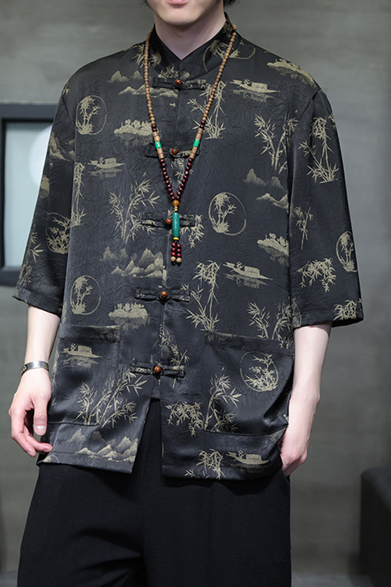 2024夏风男装冰丝唐装汉服短袖五分袖衬衫衬衣C229-Y1021-P70,男装衬衫,电商C229-1