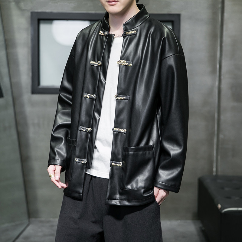 2022风男装pu皮夹克盘扣复古唐装汉服夹克外套C229/Y710/P105,男装皮衣,电商C229-1