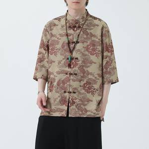 2024夏风男装盘扣中式汉服短袖五分袖衬衫衬衣C229-Y1030-P70图片