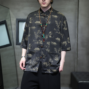 2024夏风男装冰丝唐装汉服短袖五分袖衬衫衬衣C229-Y1021-P70图片
