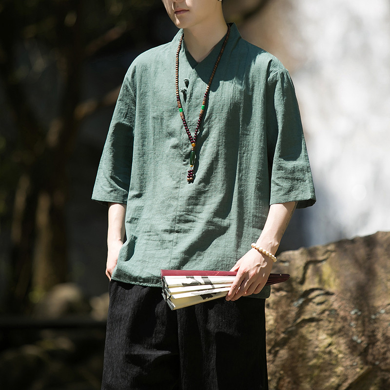 2024夏季风男装棉麻亚麻中式唐装汉服短袖T恤C229/T171/P50,男装T恤,电商C229-1