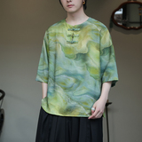 2024春夏风男装印花唐装汉服短袖五分袖T恤大码C229-T213-P60，男装T恤，电商C229-1