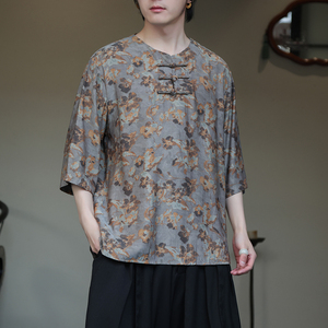 2024夏季风男装冰丝印花唐装汉服短袖五分袖T恤C229-T214-P60图片