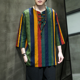 2024夏季风男装条纹唐装汉服盘扣复古T恤大码C229/T173/P50，男装T恤，电商C229-1