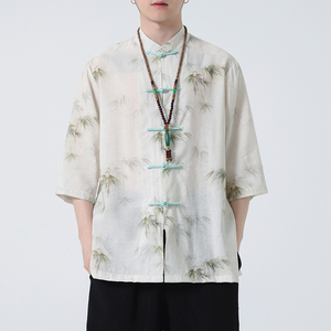 2024夏风男装印花唐装汉服短袖五分袖衬衫衬衣C229-Y1003-P70图片