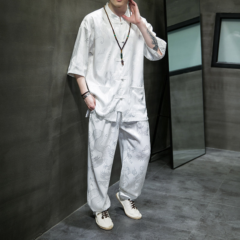 2024夏款风男装冰丝唐装汉服复古套装两件套C229/TZ345/P90,男装休闲套装,电商C229-1
