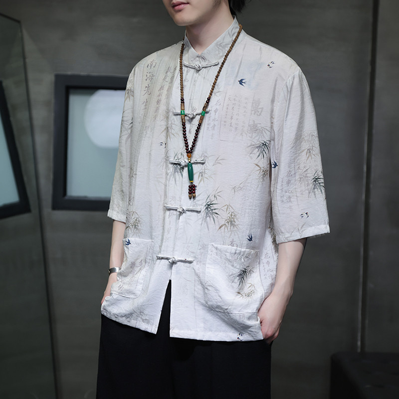 2024夏风男装竹子唐装汉服短袖五分袖衬衫衬衣C229-Y1019-P70图片