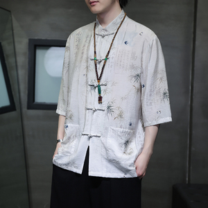 2024夏风男装竹子唐装汉服短袖五分袖衬衫衬衣C229-Y1019-P70图片
