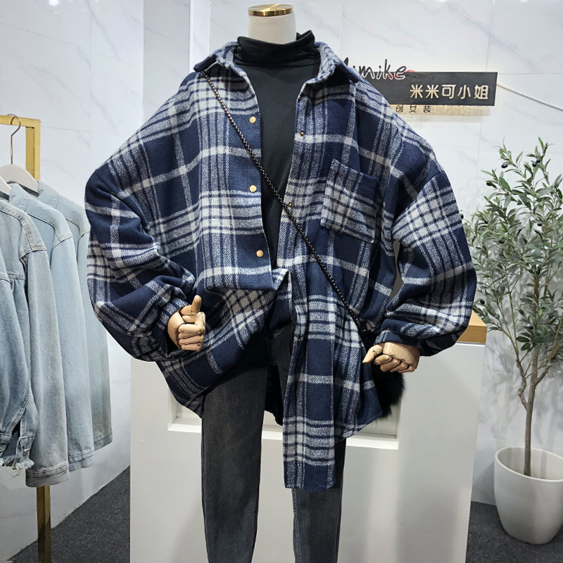 캐비닛에서 대외 무역 원래 주문 철회 가을 겨울 한국 느슨한 대형 브러시 격자 무늬 셔츠 여성용 두꺼운 재킷 셔츠