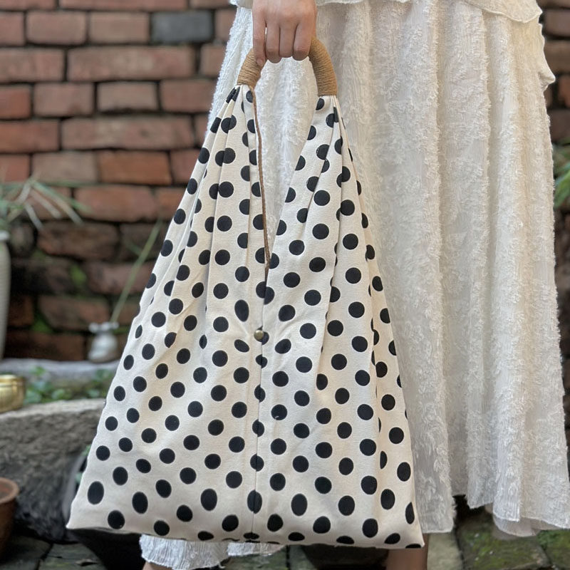 时尚休闲波点帆布包女大容量手提单肩包一片式托特包小众复古手工,箱包皮具/热销女包/男包,时尚帆布包,淘宝优惠券,粉丝福利购,淘宝优惠卷
