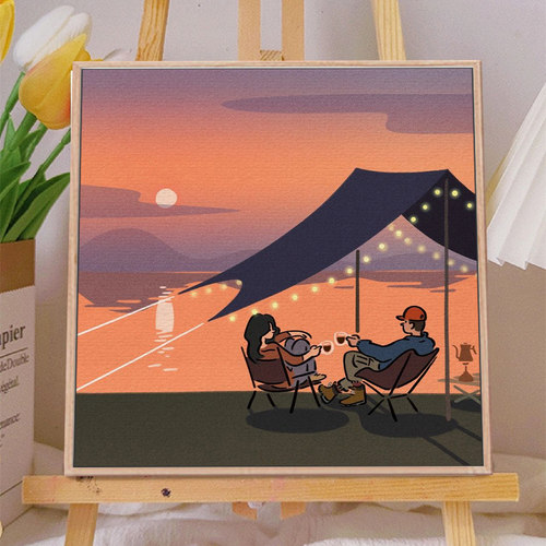 丙烯卡通手绘数字油画治愈情侣