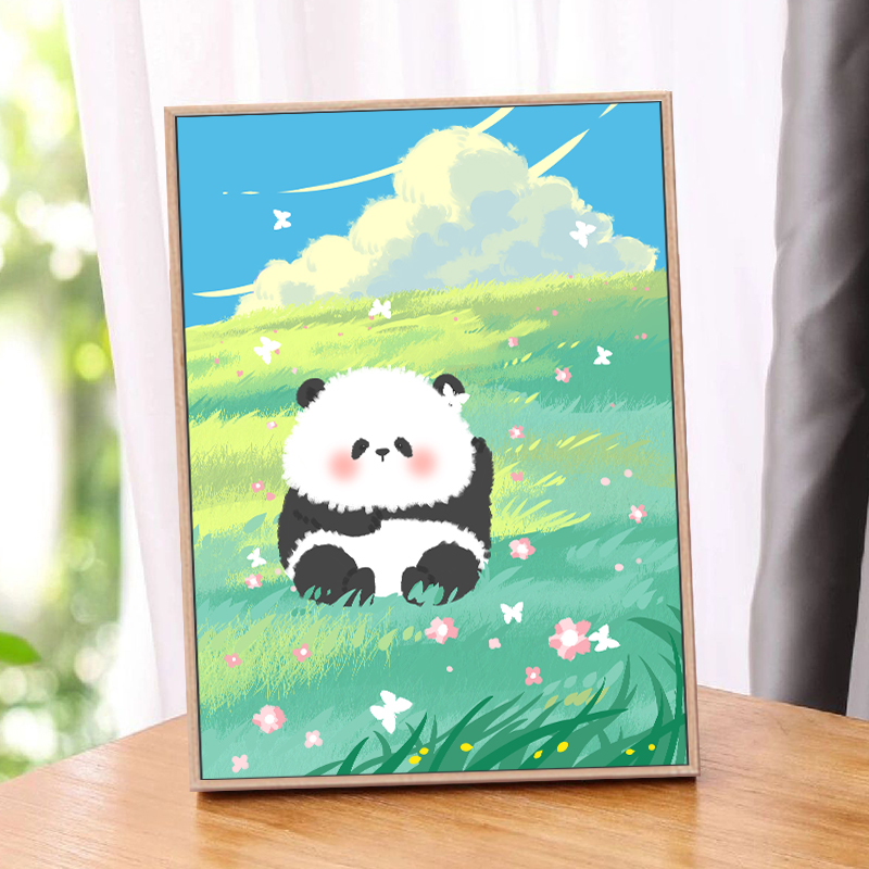 熊猫草地风景治愈数字油画diy创意手绘丙烯油彩画手工装饰画挂画|图片