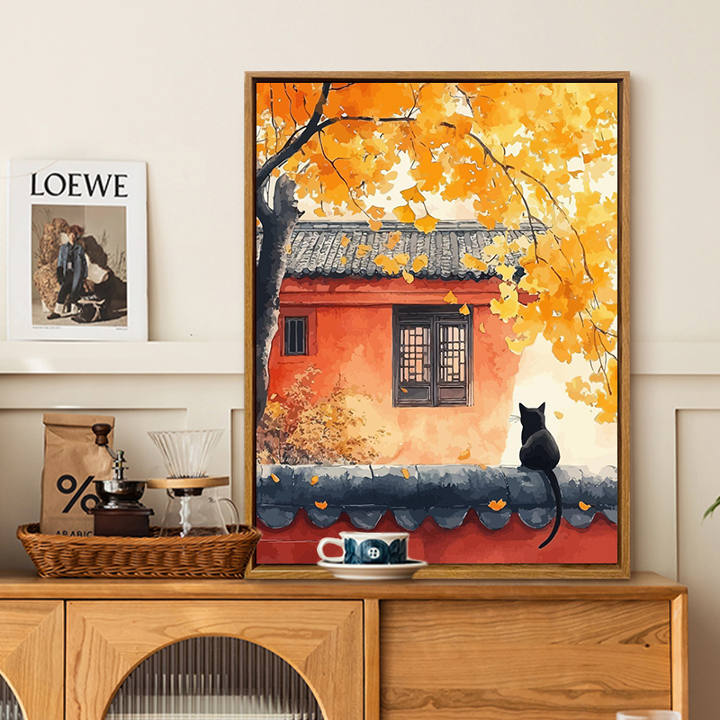 治愈系中式古风建筑风景插画diy数字油画丙烯手工填充家居装饰画图片