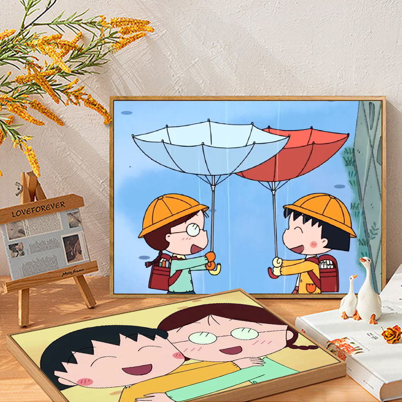 卡通手绘数字油画樱桃小丸子闺蜜