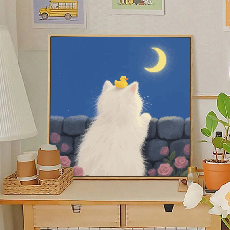 月夜治愈系可爱小猫卡通diy数字油画丙烯手工填充家居礼物装饰画图片