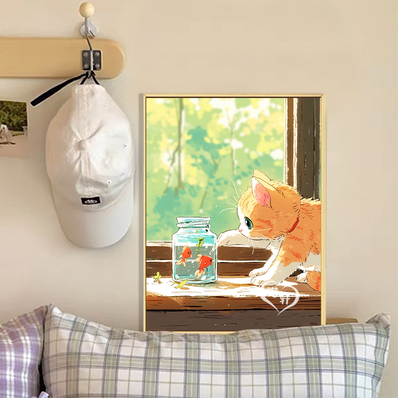 猫咪和鱼数字油画diy手工涂色填充丙烯油彩画治愈解压手绘装饰画图片