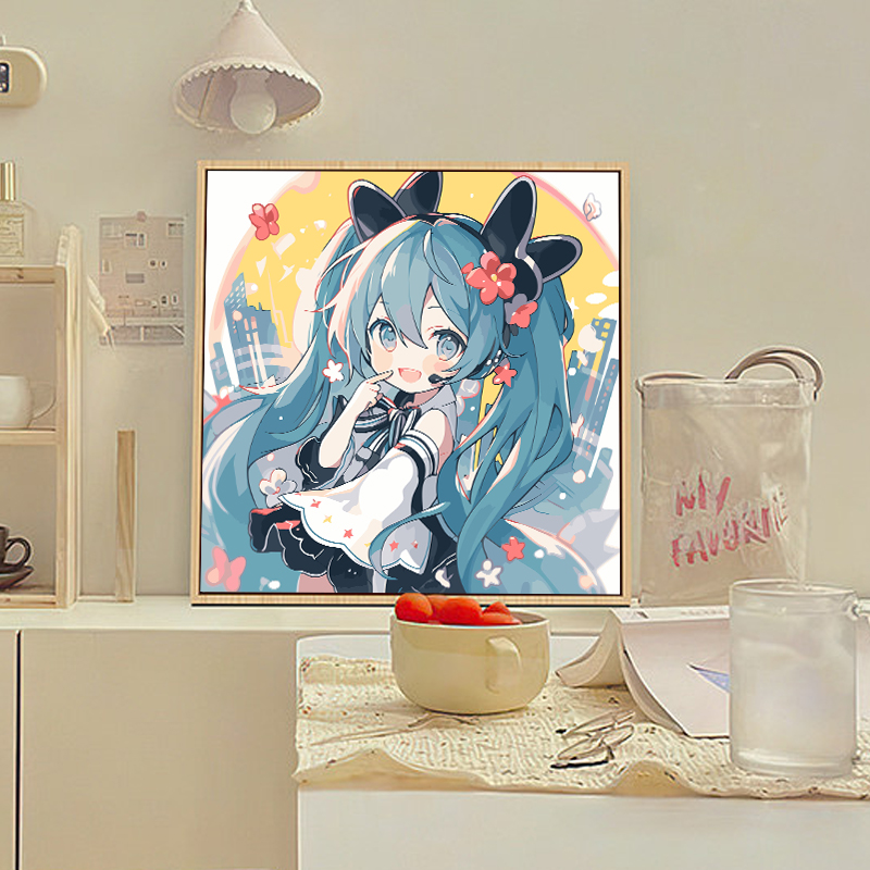 初音未来数字油画零基础丙烯填充涂色油彩画 diy手绘卧室装饰画画图片