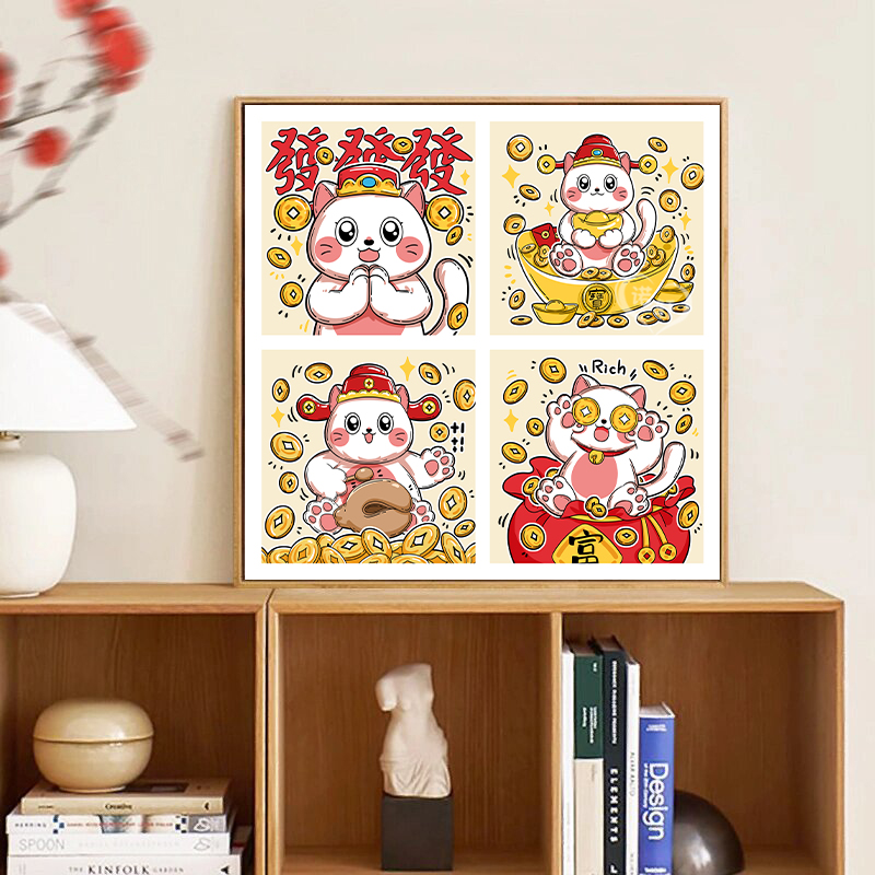 卡通招财猫diy数字油画手工涂色丙烯油彩画 零基础手绘装饰画挂画图片