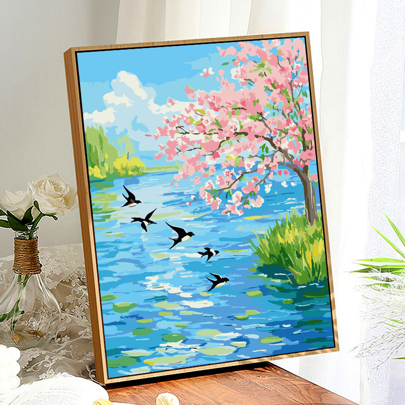 春日燕子治愈风景diy数字油画填充手工油彩卡通郁金香花卉装饰画图片