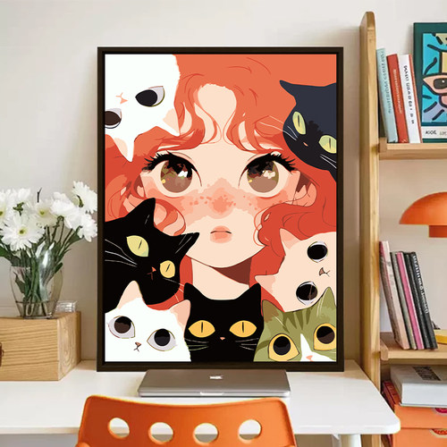 少女猫咪打发时间解压数字油画