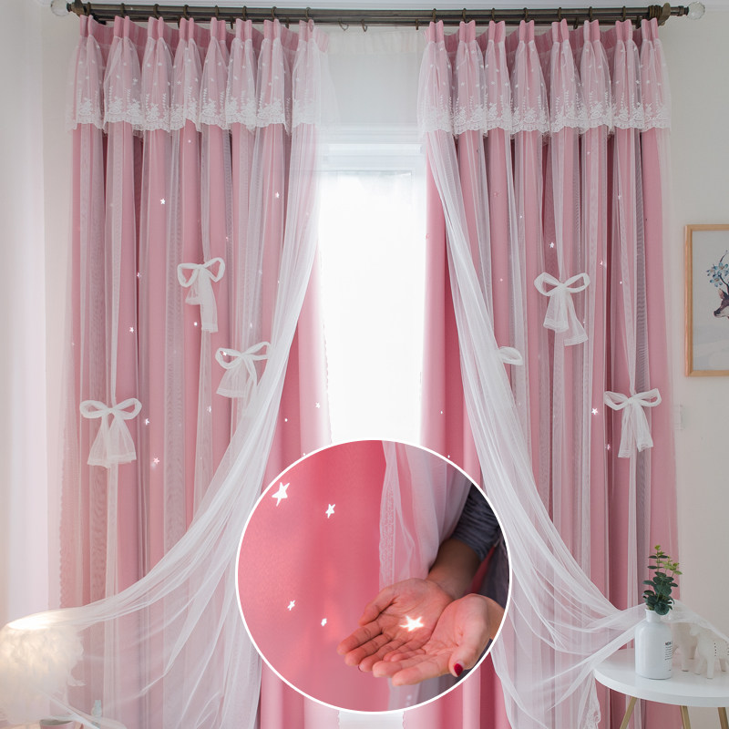 韩式气质淑女遮光隔热刺绣双层遮光星星镂空卧室客厅窗帘成品包邮