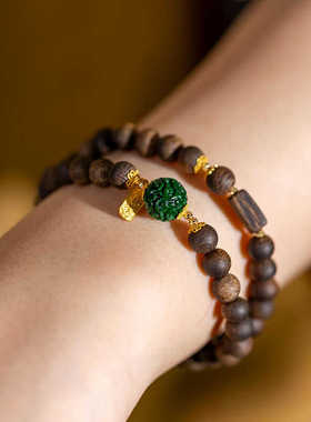 天然奇楠沉香圆珠双圈手串帝王绿翡翠色干青回纹珠转运珠手链女款