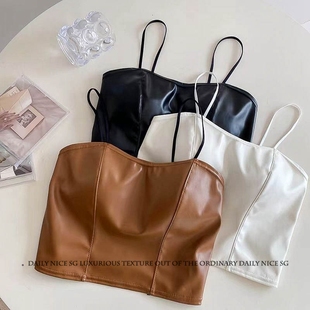 新款纯欲百搭洋气纯色PU皮质感后背蕾丝修身短款打底抹胸吊带内搭