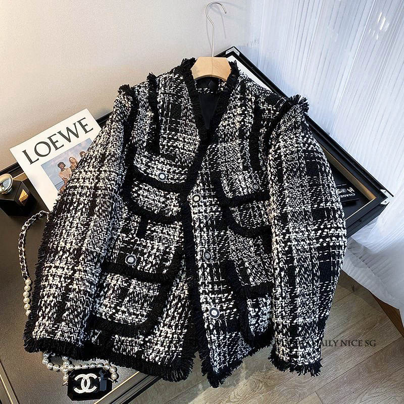 气质拼色小香风毛毛边显瘦外套女