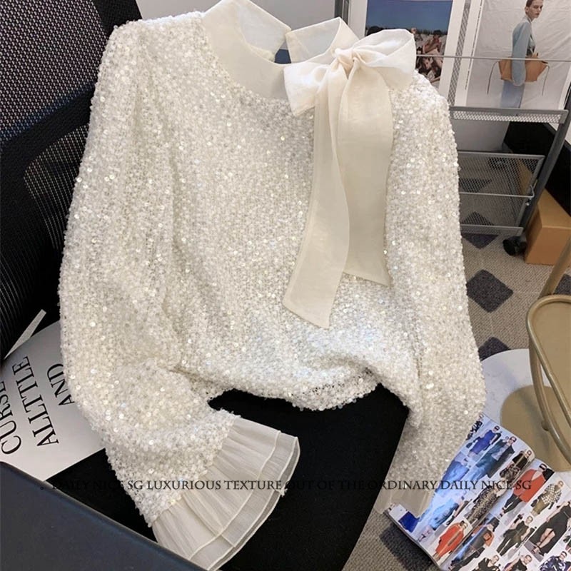 2025秋季新款小香风气质亮片系带蝴蝶结显瘦打底衫女套头衬衫内搭,女装/女士精品,衬衫,淘宝优惠券,粉丝福利购,淘宝优惠卷