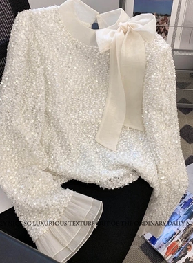 2025秋季新款小香风气质亮片系带蝴蝶结显瘦打底衫女套头衬衫内搭