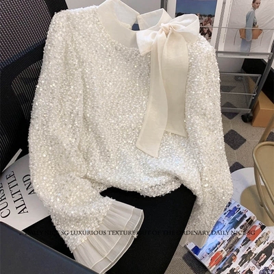 小香风气质亮片系带蝴蝶结打底衫