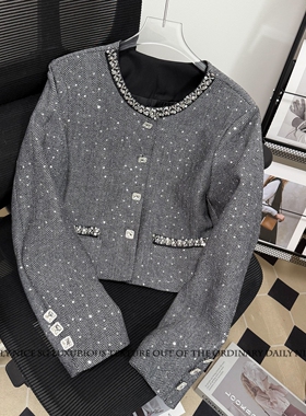 新款法式小众设计感满身亮片钉珠水钻长袖圆领显瘦短款外套女上衣