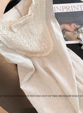 2025夏季新款宫廷风针织领口冰丝亚麻直筒显瘦背心裙女无袖连衣裙