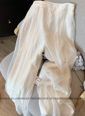 2025新款小香风气质雪纺纱拼接双层直筒休闲显瘦阔腿裤女高腰长裤