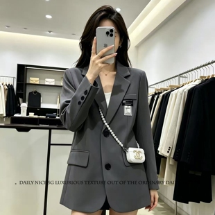 新款小香风学院风长袖显瘦休闲中长款小西装外套女士气质西服外搭
