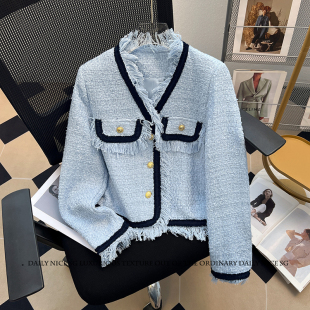 外套女显瘦外搭 设计感小众拼色毛毛边气质小香风短款 2026新款 法式