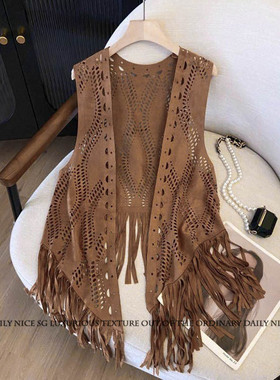 新款复古镂空麦穗前长后短中长款小马甲外套坎肩女士马夹无扣开衫