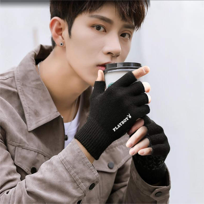 男士秋冬季毛线保暖户外露指手套