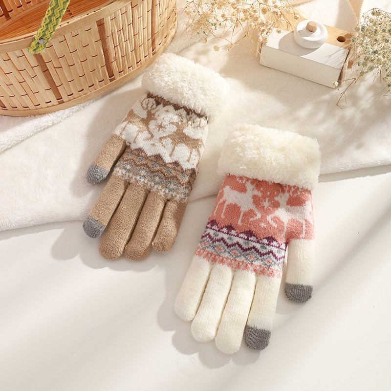保暖毛线手套女冬季可爱小鹿卡通加厚防寒针织骑行手套开车加绒A